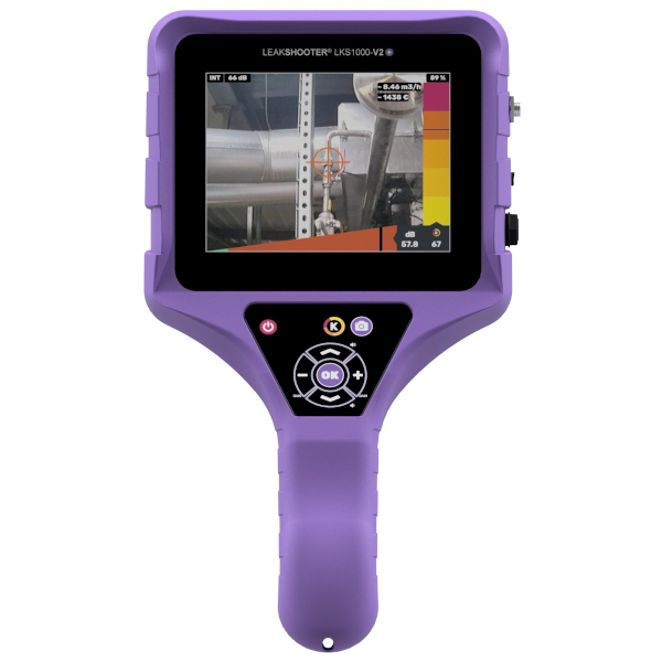 Ultradźwiękowy wykrywacz nieszczelności LEAKSHOOTER V2T+ z kamerą i ekranem dotytkowym (widok z przodu urządzenia).